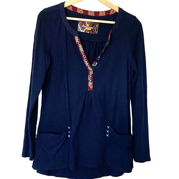 Anthropologie Little Yellow Button Wms Med Navy Blue Tunic Top Embroidered Boho - Picture 1 of 6